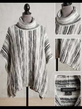 Sarah Pacini Wool/Alpaca Blend Grey White Turtleneck Poncho (Free Size) Luxury